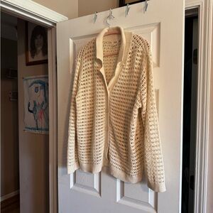 Cream Open-Weave Crocheted Women's Cardigan Sweater, Like New